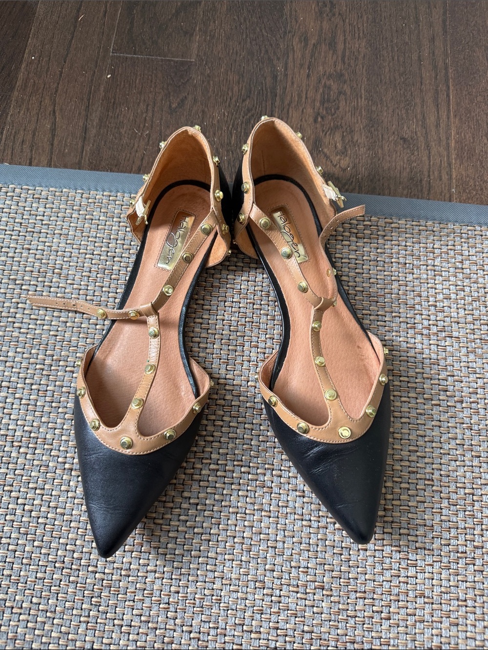 Halogen Black and Tan Studded T‑Strap Pointed Flats